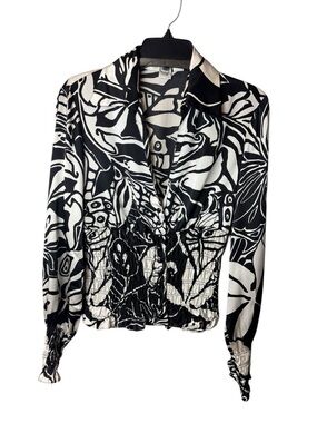 Cache Silk Smocked Waist Black White Blouse Top